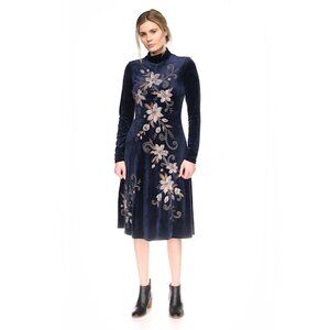 Johnny Was Corinthe Stretch Velvet Long Dress Floral Embroidery Midnight Blue NW